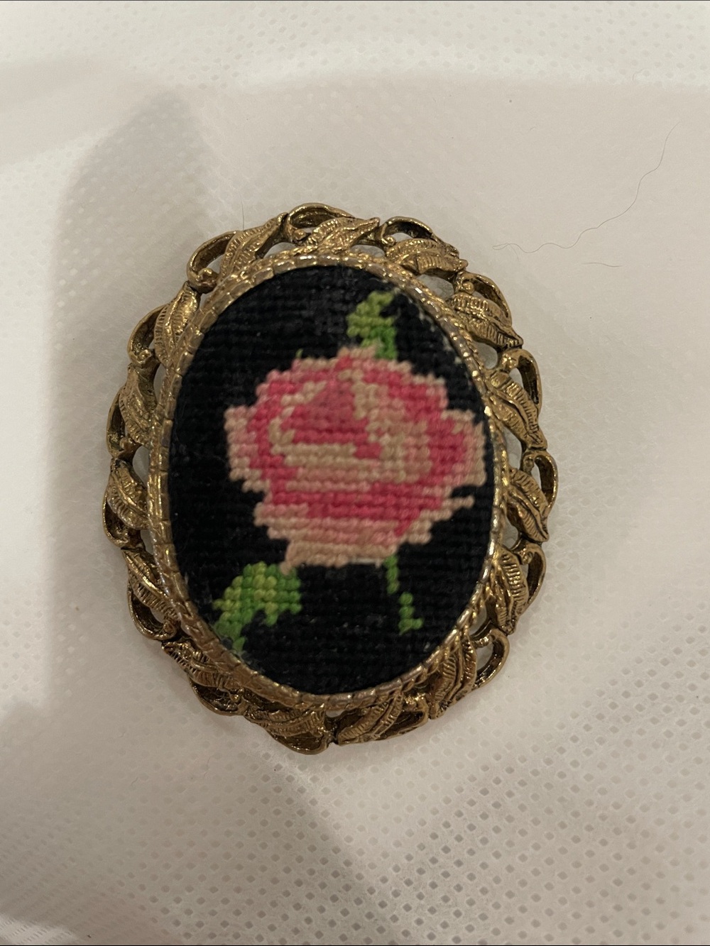 Vintage Floral Needlepoint Brooch Pendant in Pink and Green